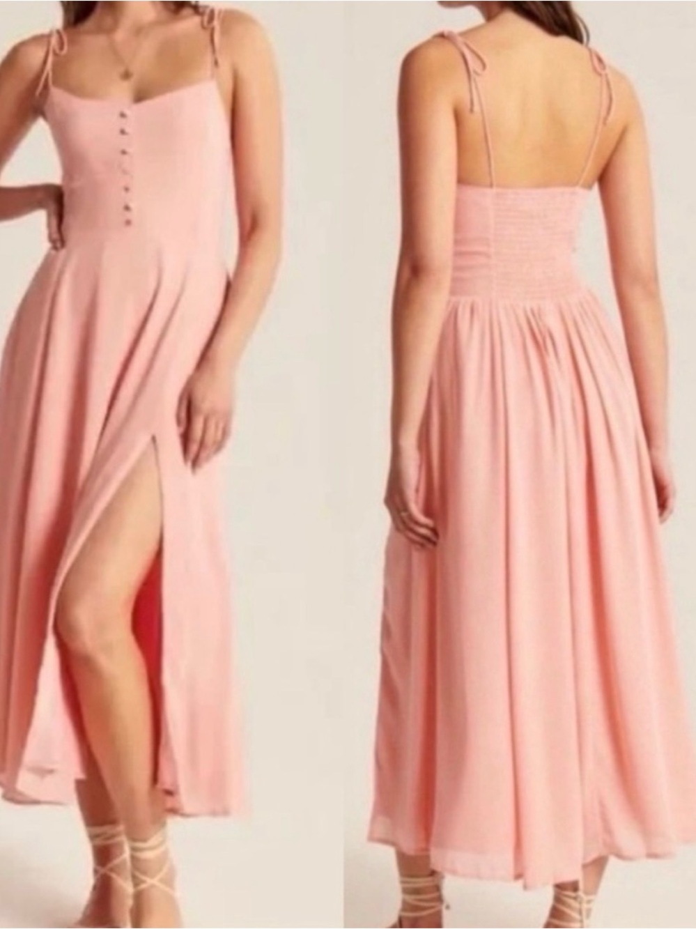 Abercrombie & Fitch Blush Pink Tie-Shoulder Midi Dress with Front Slit